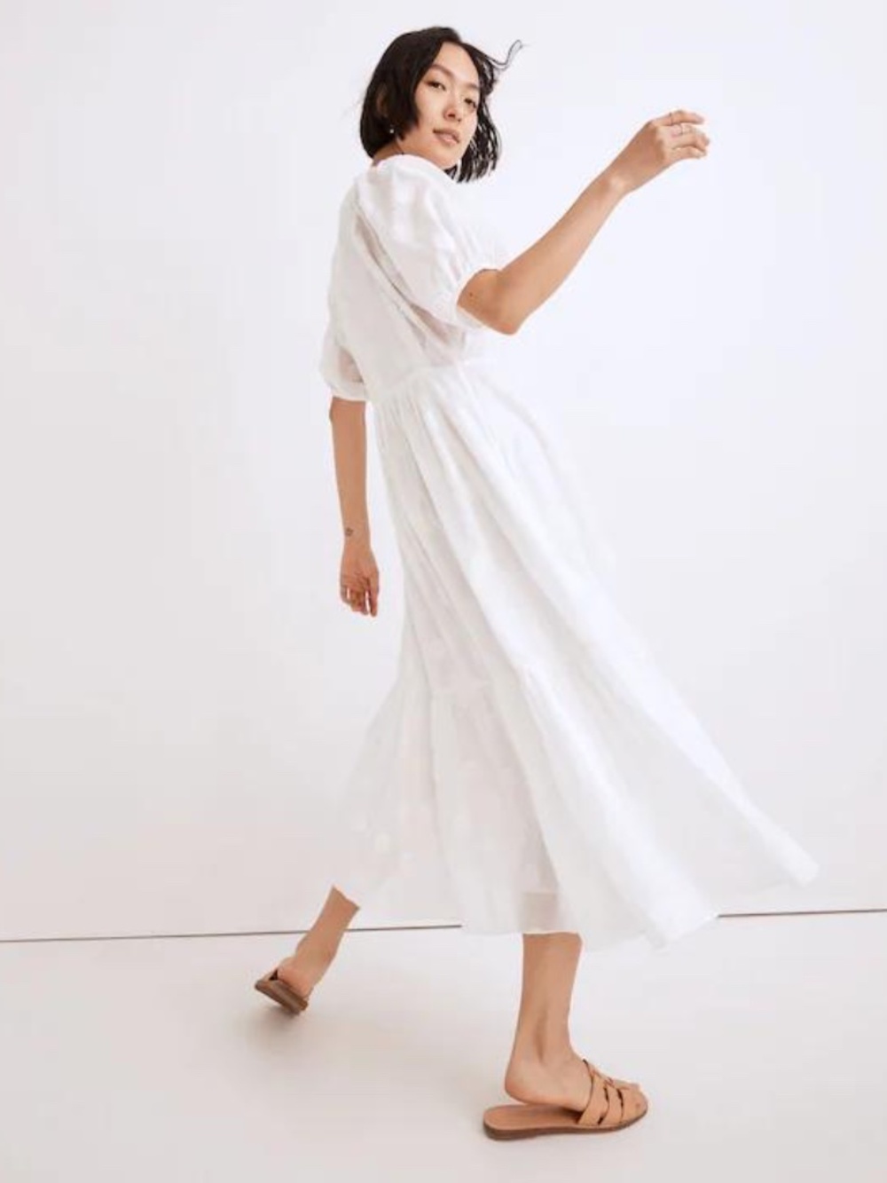 Madewell Dot Jacquard Puff-Sleeve Tiered Midi Dress in Eyelet White Size XS